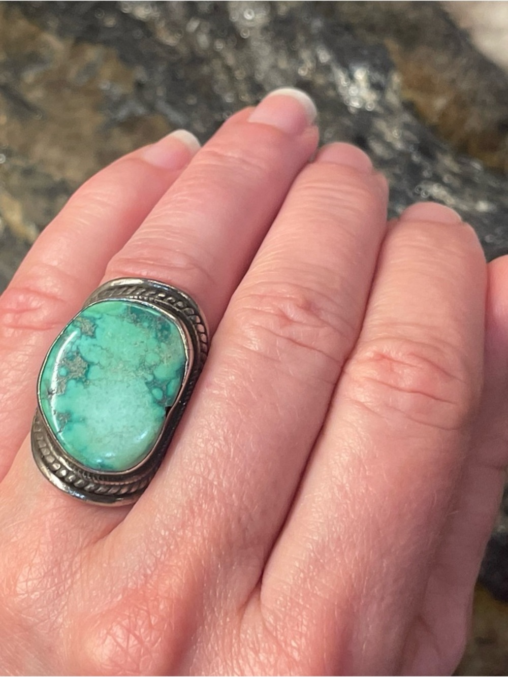 Sterling Silver 925 Turquoise Ring - Green Blue Stone Rope Edged Setting